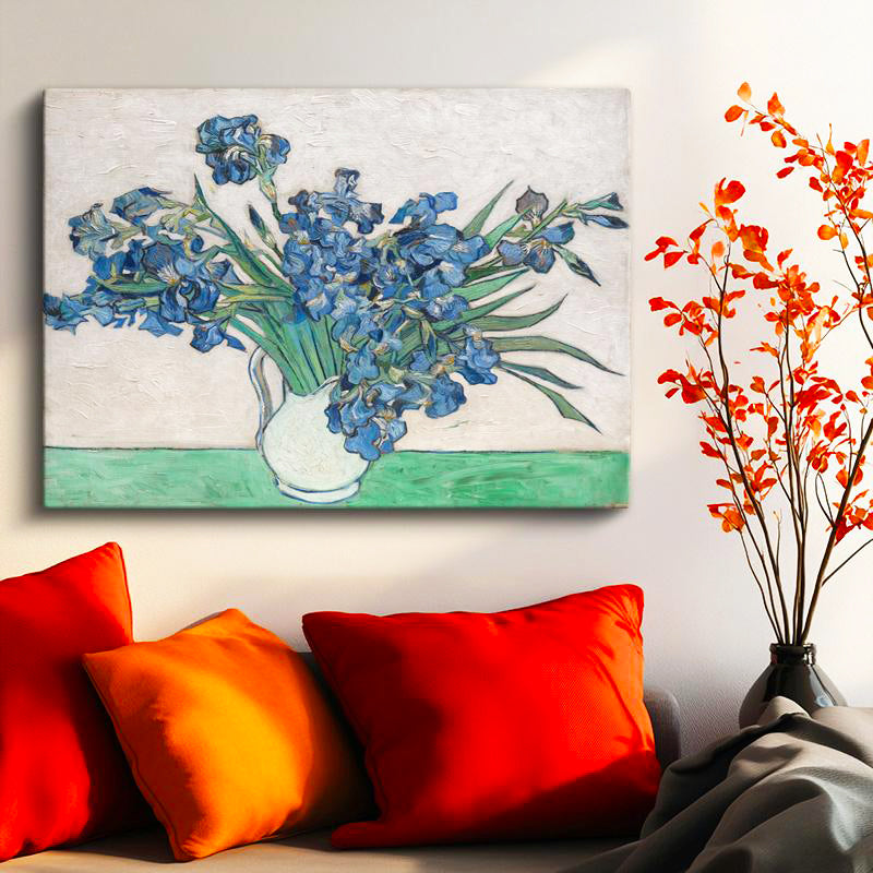 Yatay Kanvas Tablo Van Gogh Beyaz Vazoda Mavi İrisler Ressam Tablosu Ev Ofis Duvar Dekoru