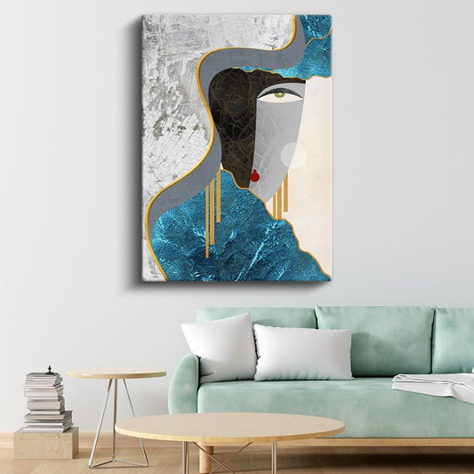 Soyut Silüet - Turkuaz ve Altın Detaylı Modern Portre Kanvas Tablo