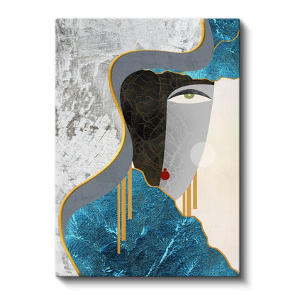 Soyut Silüet - Turkuaz ve Altın Detaylı Modern Portre Kanvas Tablo