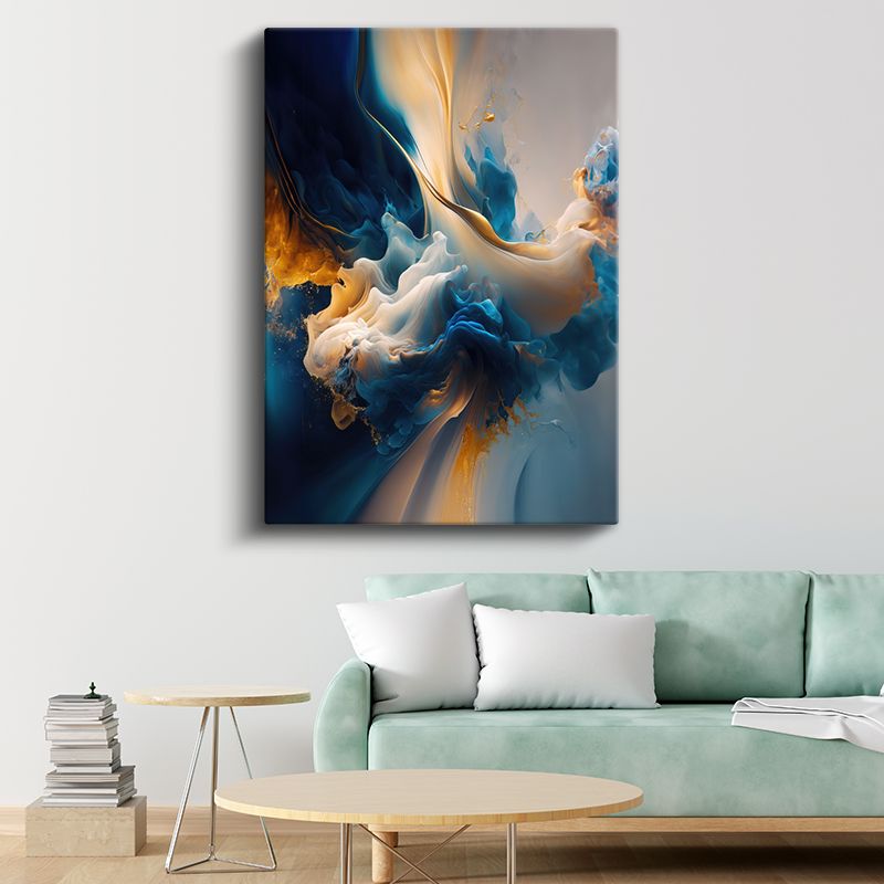 Akışkan Rüya - Mavi ve Altın Tonlarında Sıvı Formlar Kanvas Tablo
