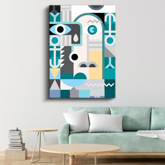 Geometrik Portre - Turkuaz ve Gri Tonlarında Modern Yüz Kanvas Tablo