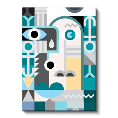 Geometrik Portre - Turkuaz ve Gri Tonlarında Modern Yüz Kanvas Tablo