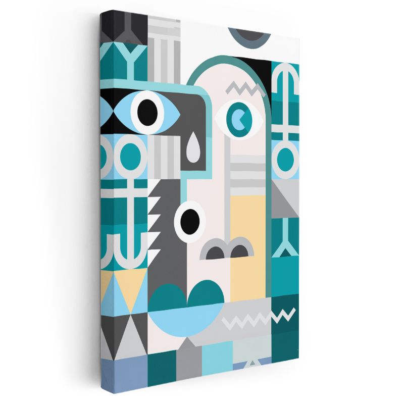 Geometrik Portre - Turkuaz ve Gri Tonlarında Modern Yüz Kanvas Tablo