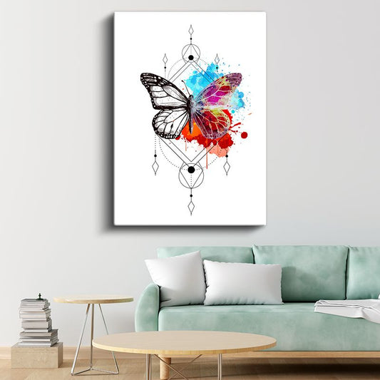Dönüşüm Kelebeği - Geometrik Çerçeveli Renkli Sıçrama Detaylı Kanvas Tablo