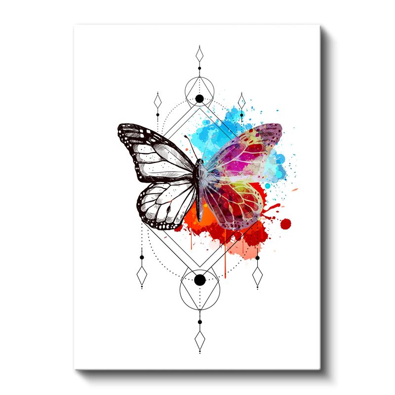 Dönüşüm Kelebeği - Geometrik Çerçeveli Renkli Sıçrama Detaylı Kanvas Tablo