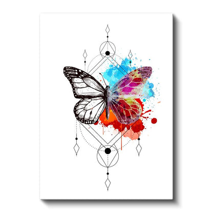 Dönüşüm Kelebeği - Geometrik Çerçeveli Renkli Sıçrama Detaylı Kanvas Tablo