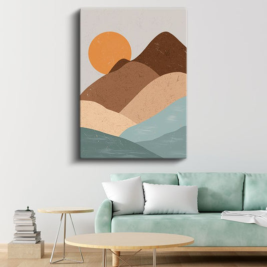 Minimalist Manzara - Soyut Tepeler ve Güneş Kompozisyonu Kanvas Tablo