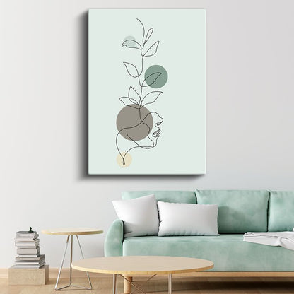 Tek Çizgi Profil - Minimalist Yüz ve Bitki Motifi Kanvas Tablo