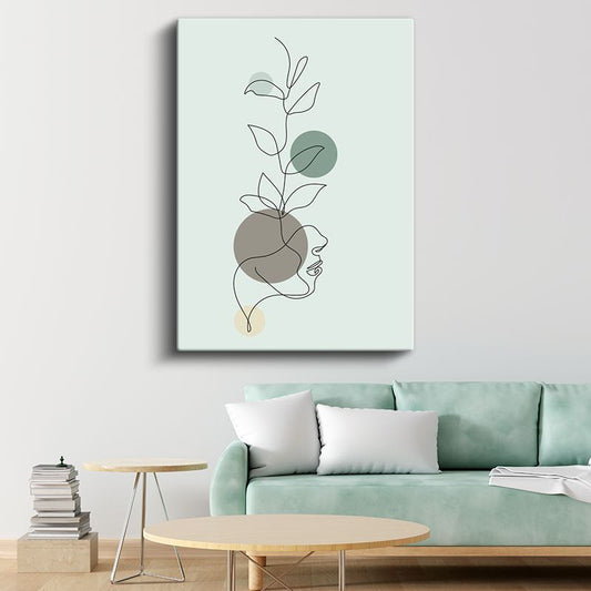 Tek Çizgi Profil - Minimalist Yüz ve Bitki Motifi Kanvas Tablo