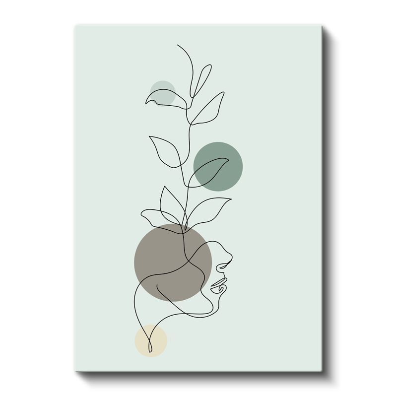 Tek Çizgi Profil - Minimalist Yüz ve Bitki Motifi Kanvas Tablo