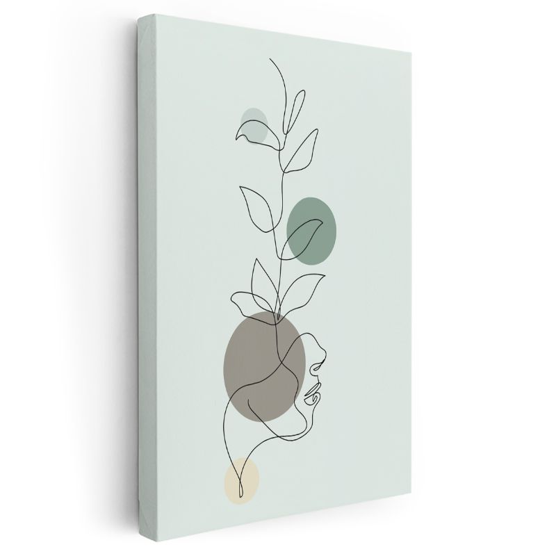 Tek Çizgi Profil - Minimalist Yüz ve Bitki Motifi Kanvas Tablo
