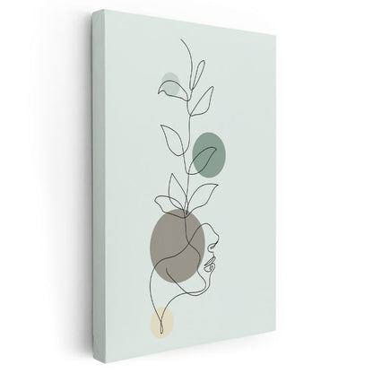 Tek Çizgi Profil - Minimalist Yüz ve Bitki Motifi Kanvas Tablo