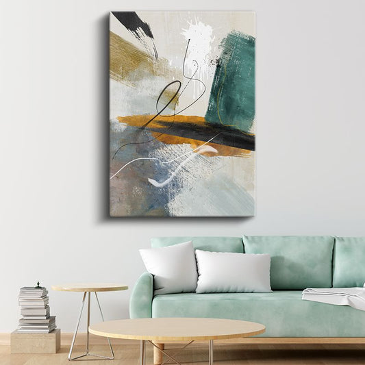 Soyut Denge - Turkuaz ve Altın Fırça Darbeleri Kanvas Tablo