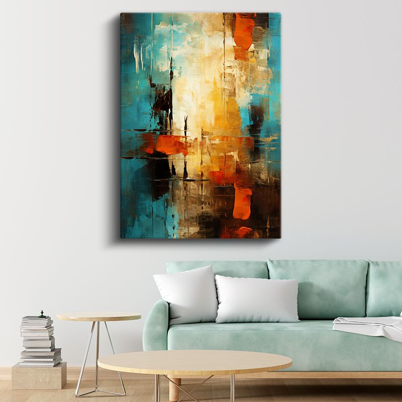 Renk Katmanları - Turkuaz ve Turuncu Dokulu Soyut Kanvas Tablo