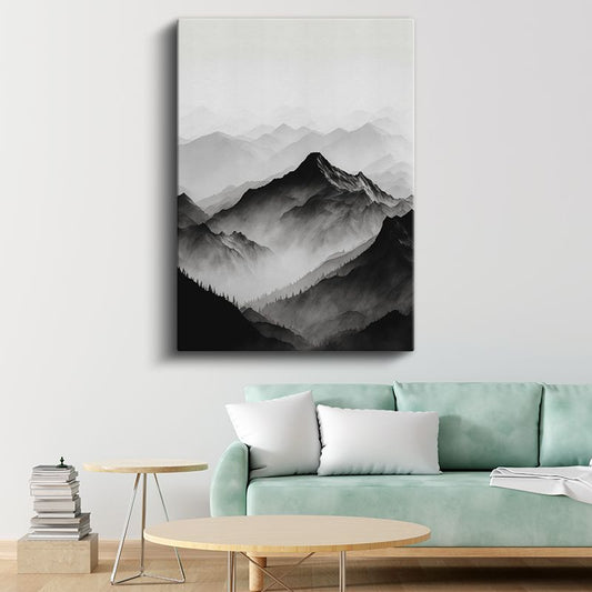 Sisli Zirve - Monokrom Dağ Silüeti Kanvas Tablo