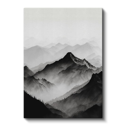 Sisli Zirve - Monokrom Dağ Silüeti Kanvas Tablo