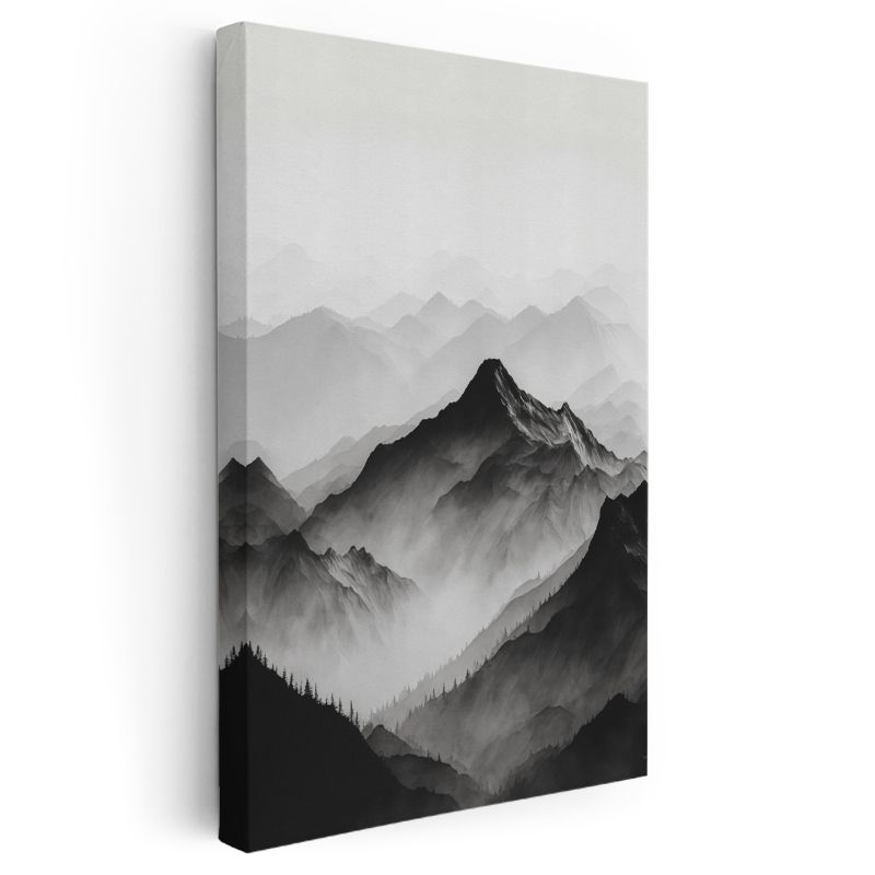 Sisli Zirve - Monokrom Dağ Silüeti Kanvas Tablo