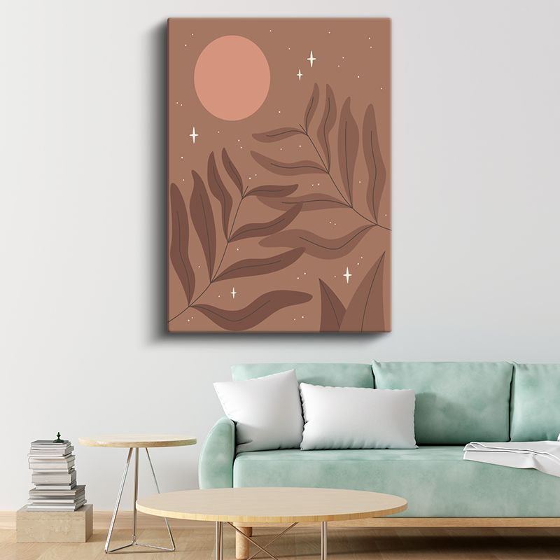 Kozmik Botanik - Minimalist Yaprak ve Ay Harmonisi Kanvas Tablo