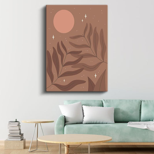 Kozmik Botanik - Minimalist Yaprak ve Ay Harmonisi Kanvas Tablo