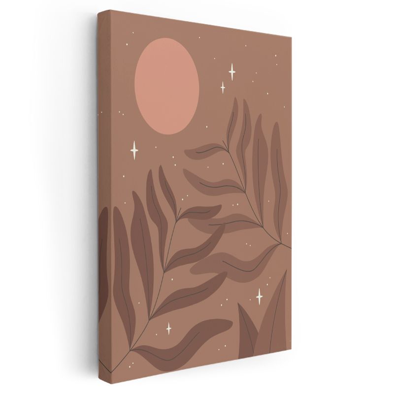 Kozmik Botanik - Minimalist Yaprak ve Ay Harmonisi Kanvas Tablo