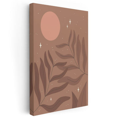 Kozmik Botanik - Minimalist Yaprak ve Ay Harmonisi Kanvas Tablo
