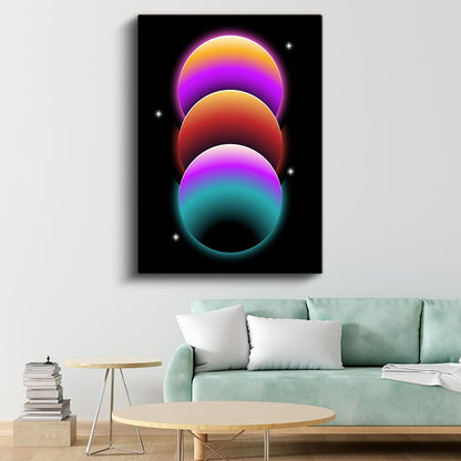 Gezegen Dizilimi - Neon Işıltılı Kozmik Daireler Kanvas Tablo