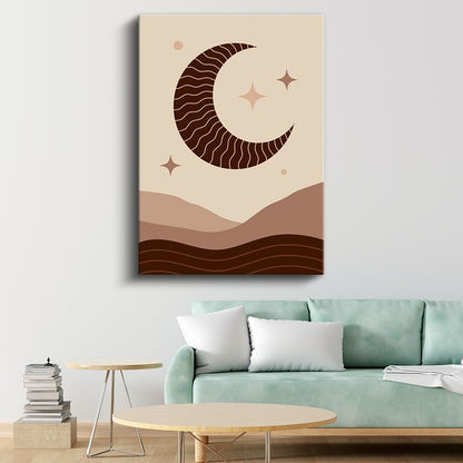 Çöl Gecesi - Dalgalı Minimalist Ay ve Yıldız Kompozisyonu Kanvas Tablo