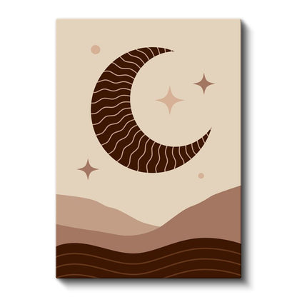Çöl Gecesi - Dalgalı Minimalist Ay ve Yıldız Kompozisyonu Kanvas Tablo