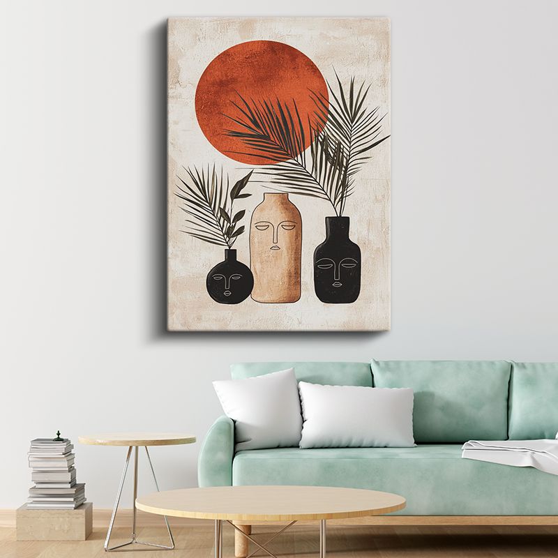 Minimalist Güneş - Geometrik Vazolar ve Yapraklar Kanvas Tablo