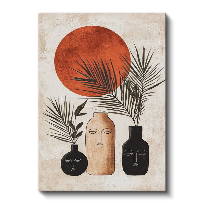Minimalist Güneş - Geometrik Vazolar ve Yapraklar Kanvas Tablo