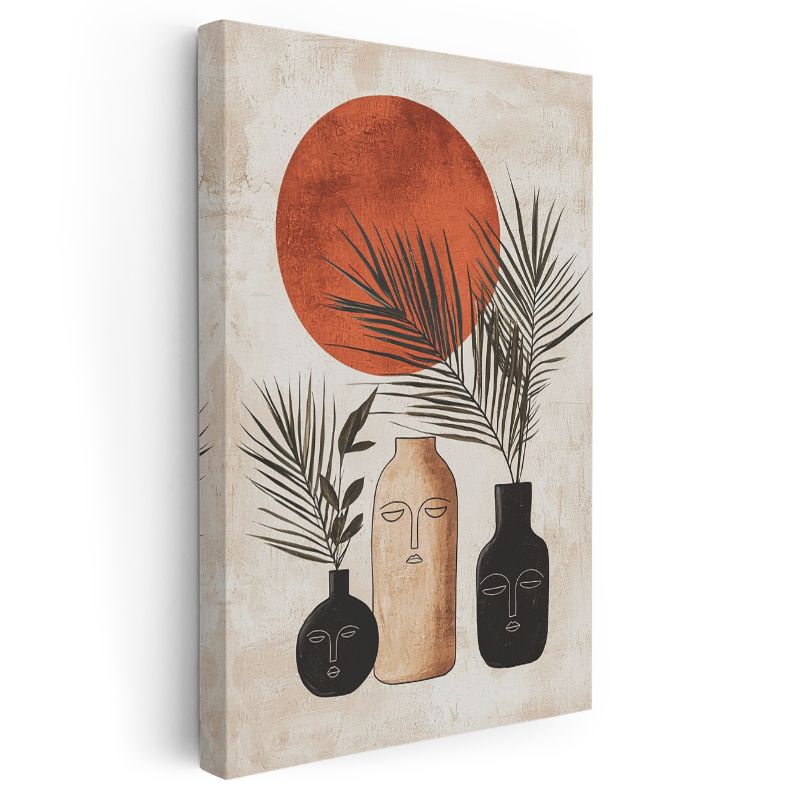 Minimalist Güneş - Geometrik Vazolar ve Yapraklar Kanvas Tablo