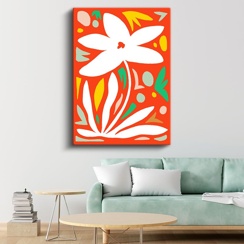 Çiçek Soyutlaması - Turuncu Zeminde Beyaz Motifler Kanvas Tablo