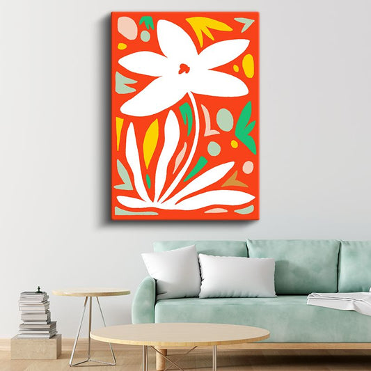 Çiçek Soyutlaması - Turuncu Zeminde Beyaz Motifler Kanvas Tablo