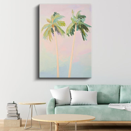 Palmiye Siluetleri - Pastel Tonlarda Minimalist Fırça Darbeleri Kanvas Tablo