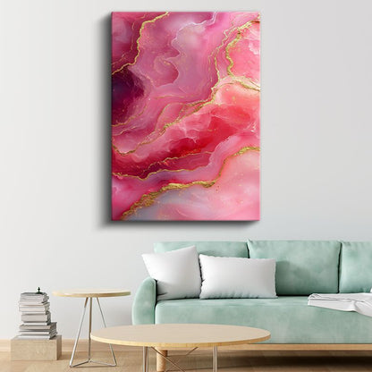 Pembe Mermer - Altın Damarları Olan Soyut Akışkan Sanat Kanvas Tablo