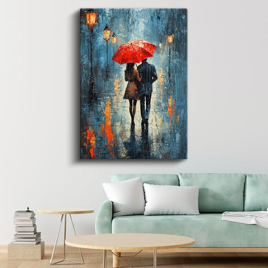 Kırmızı Şemsiye - Romantik Yağmurlu Gece Buluşması Kanvas Tablo