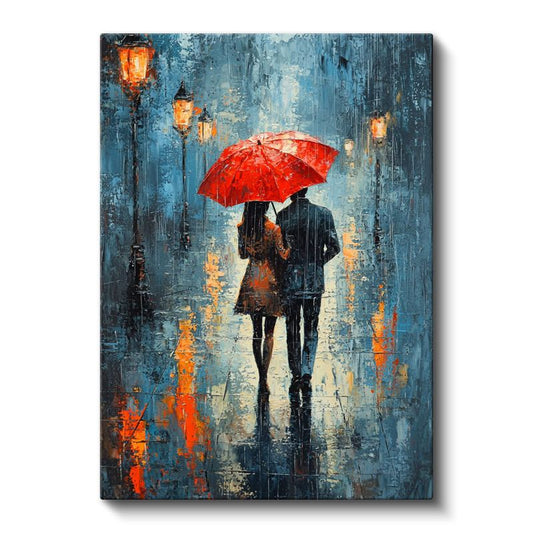 Kırmızı Şemsiye - Romantik Yağmurlu Gece Buluşması Kanvas Tablo