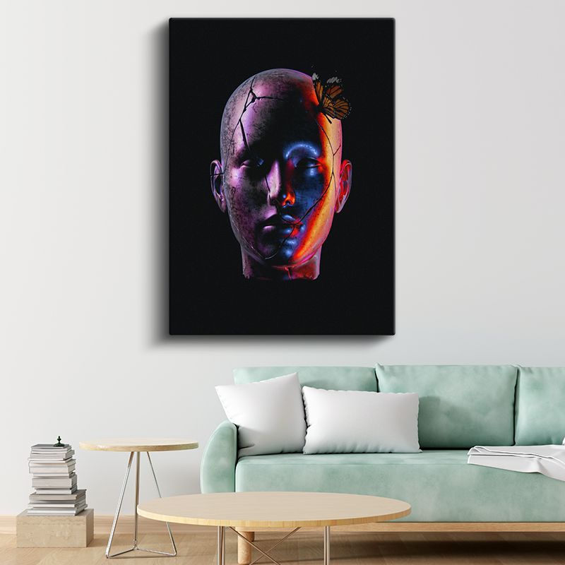 Dönüşüm - Neon Işıklı Çatlak Yüz ve Kelebek Etkisi Kanvas Tablo