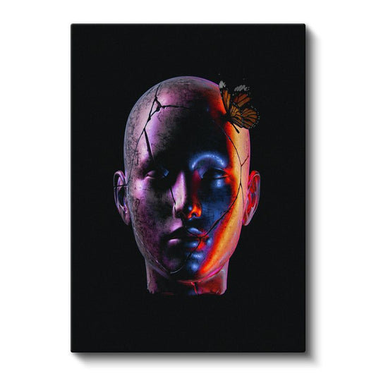 Dönüşüm - Neon Işıklı Çatlak Yüz ve Kelebek Etkisi Kanvas Tablo