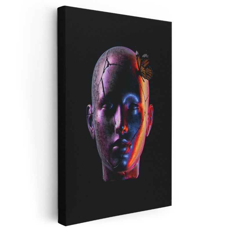 Dönüşüm - Neon Işıklı Çatlak Yüz ve Kelebek Etkisi Kanvas Tablo