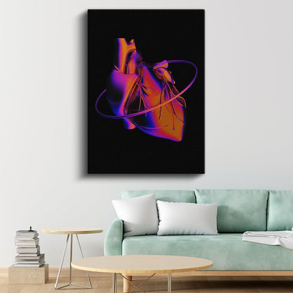 Kalp Ritmi - Neon Anatomik Kalp ve Enerji Halkası Kanvas Tablo