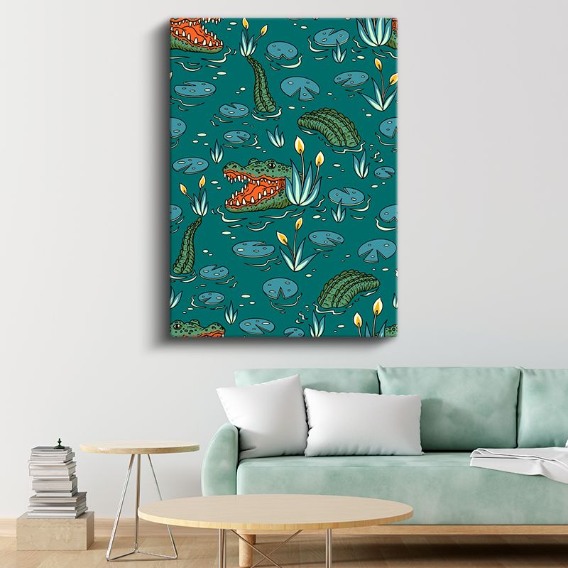 Bataklık Masalı - Timsah ve Nilüfer Desenleri Kanvas Tablo