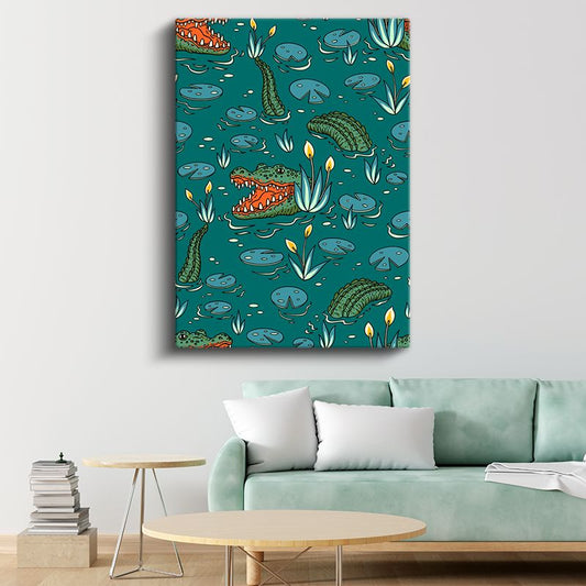 Bataklık Masalı - Timsah ve Nilüfer Desenleri Kanvas Tablo