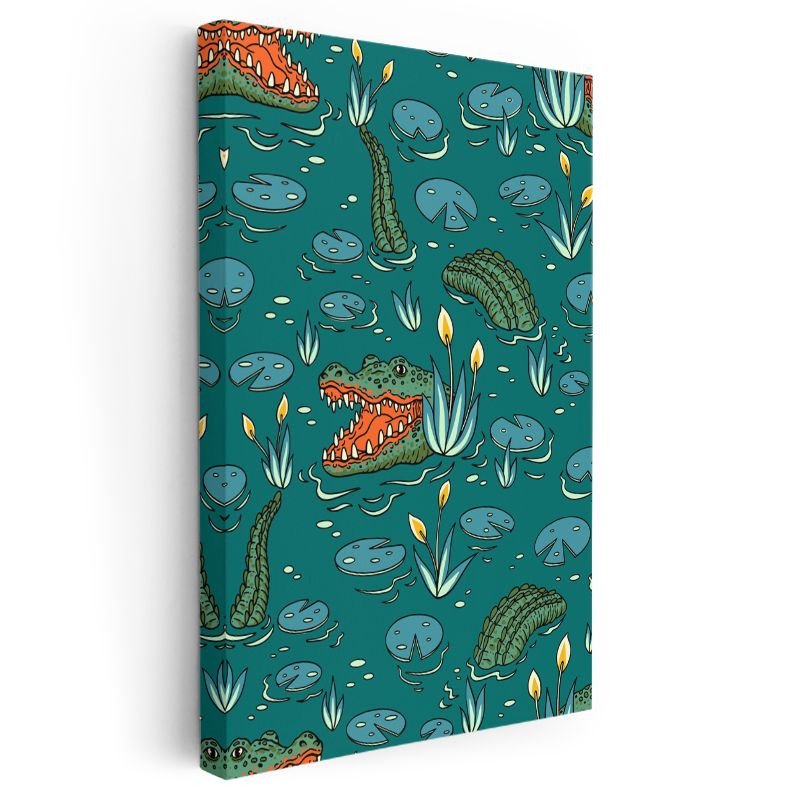 Bataklık Masalı - Timsah ve Nilüfer Desenleri Kanvas Tablo