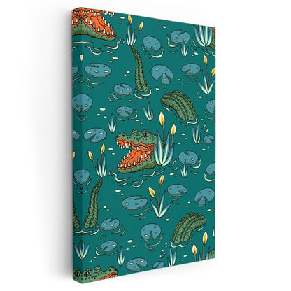 Bataklık Masalı - Timsah ve Nilüfer Desenleri Kanvas Tablo