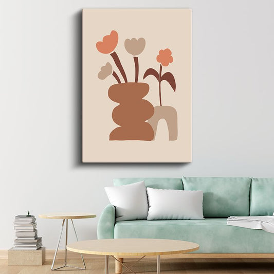 Minimalist Çiçekler - Toprak Tonlarında Geometrik Vazo Kanvas Tablo