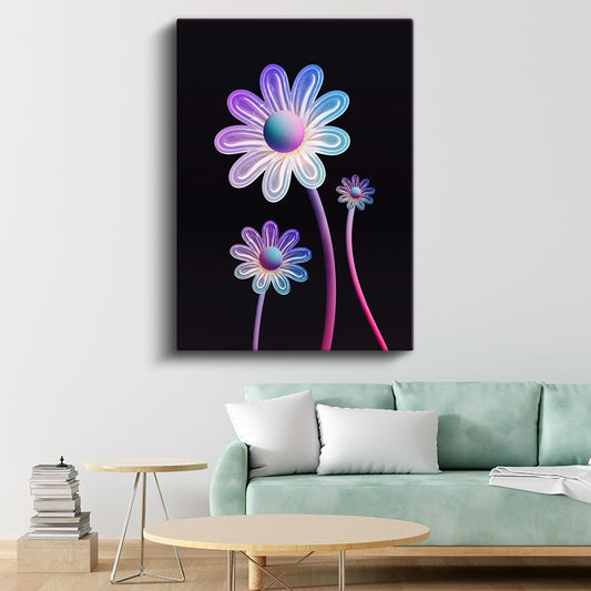 Neon Papatyalar - Parlak Işıltılı Çiçek Desenleri Kanvas Tablo