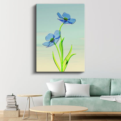 Cam Çiçekler - Minimalist Mavi Flora Kanvas Tablo