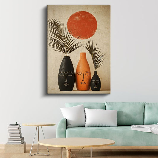 Güneş Ritüeli - Etnik Vazolar ve Palmiye Yaprakları Kanvas Tablo