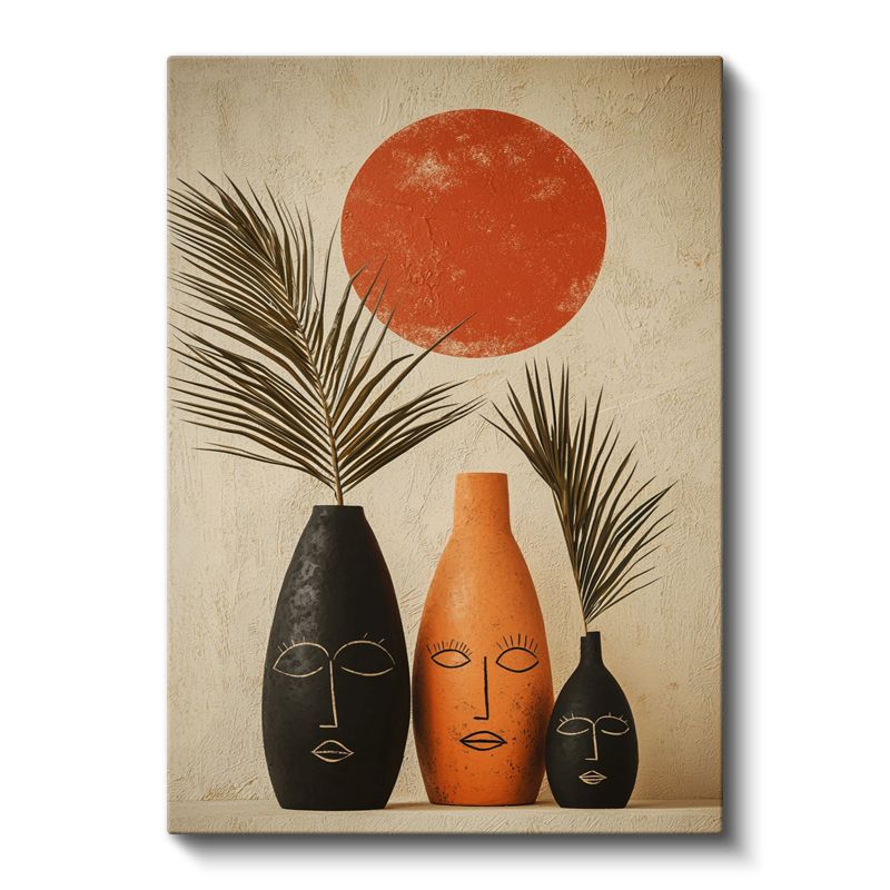 Güneş Ritüeli - Etnik Vazolar ve Palmiye Yaprakları Kanvas Tablo